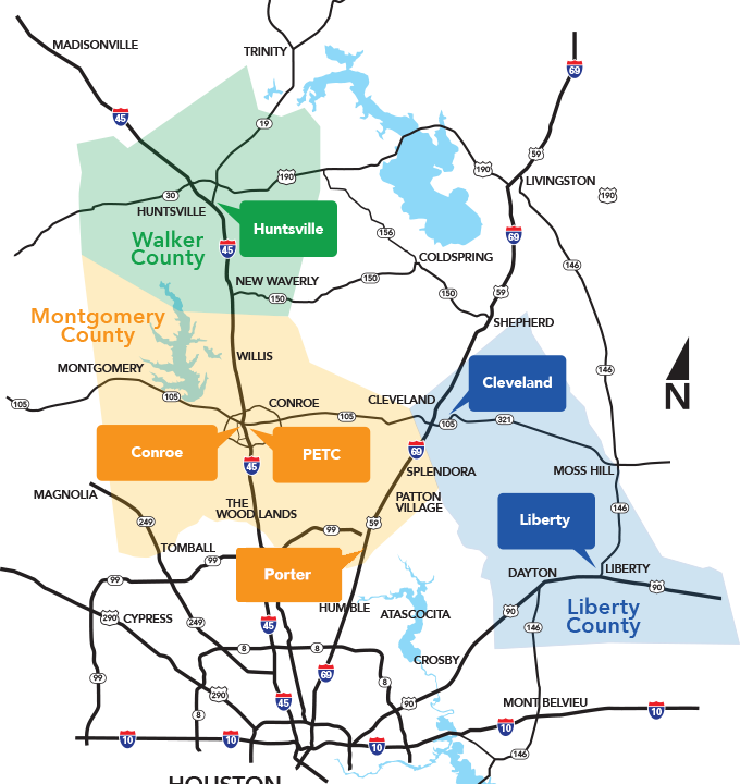 A map that shows all the Tri County locations - Huntsville, Cleveland, Main facility (Conroe), PETC (Conroe), Liberty, and Porter locations. Scrolling over one of these reveals information about the location.